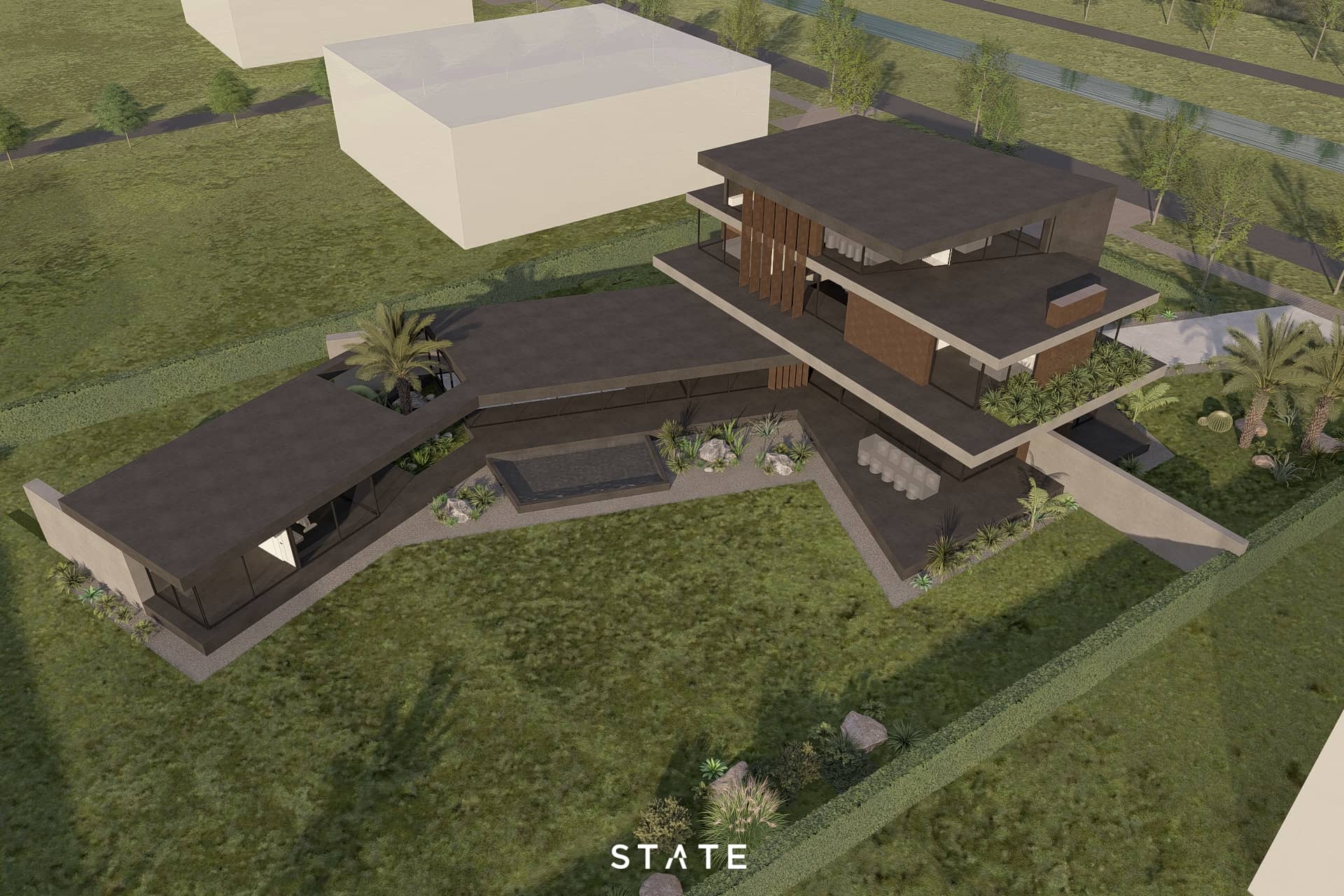 Moderne luxe villa vanuit vogelvlucht met patio, waterpartij en tuin.