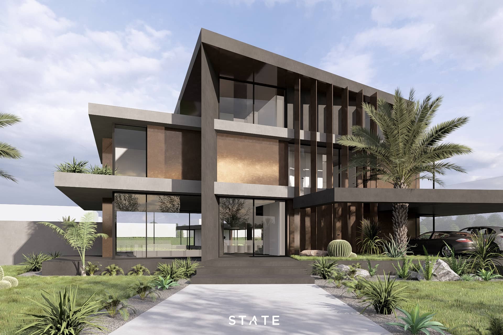 Luxe villa met moderne entree, verticale geveldetails en tropische tuin.