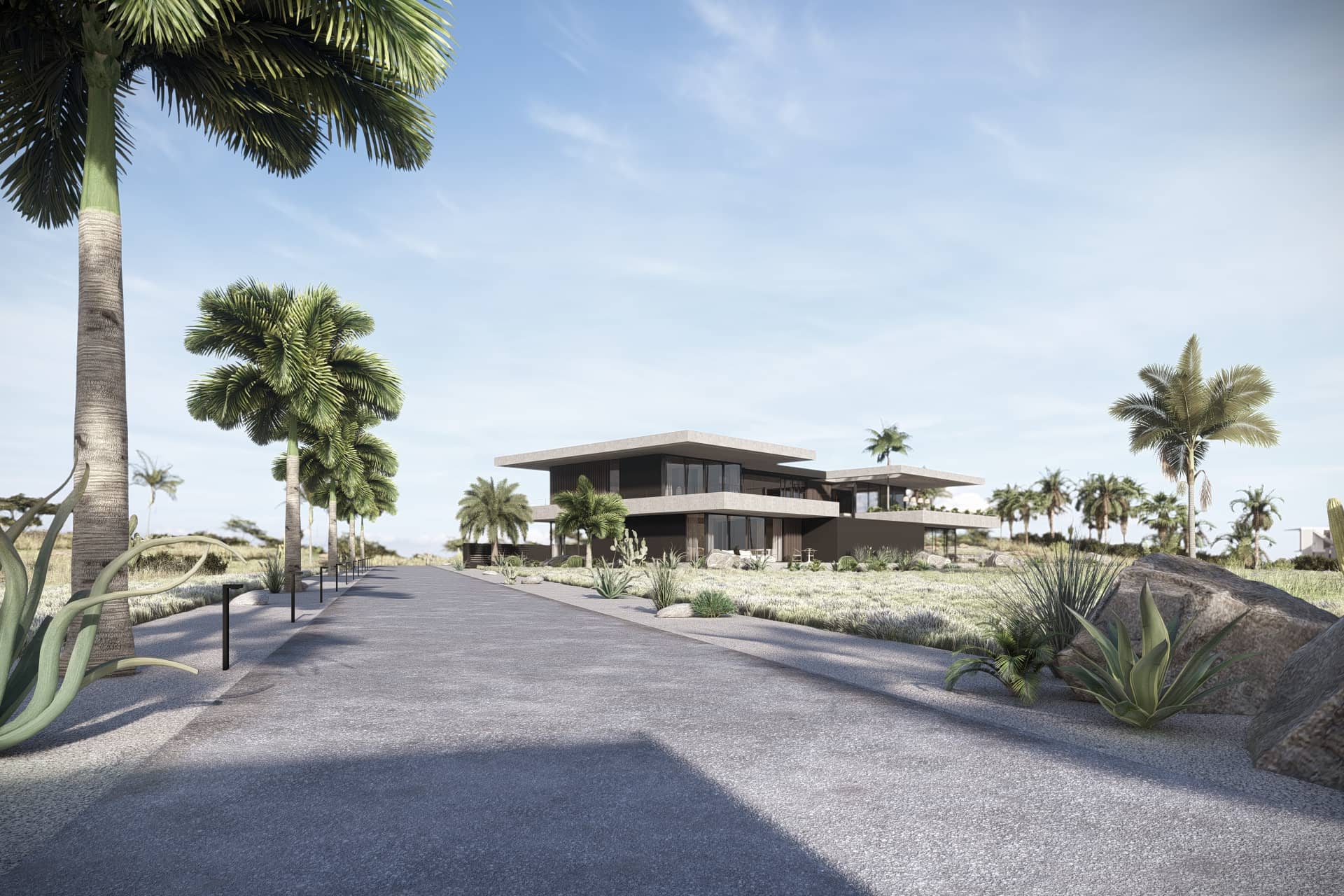 Luxe moderne villa op Curaçao met tropische beplanting, zwembad en terrassen.