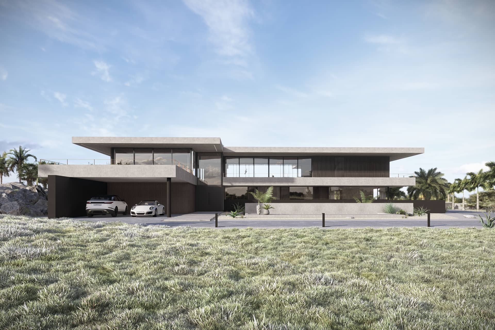Moderne luxe villa met grote overstekken, glas en tropische tuin.
