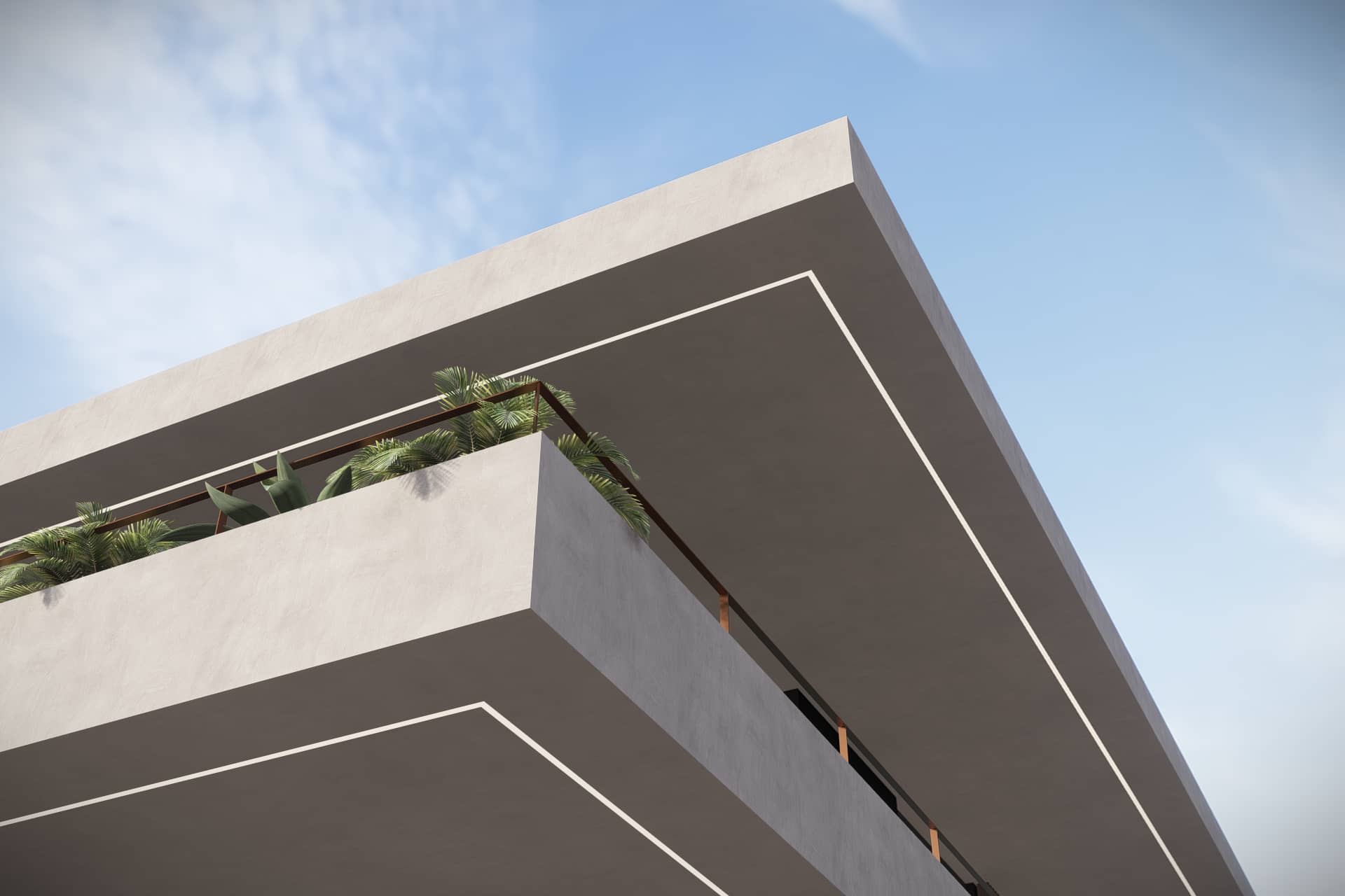 Detail van moderne villa met strakke daklijn en minimalistische vormgeving.