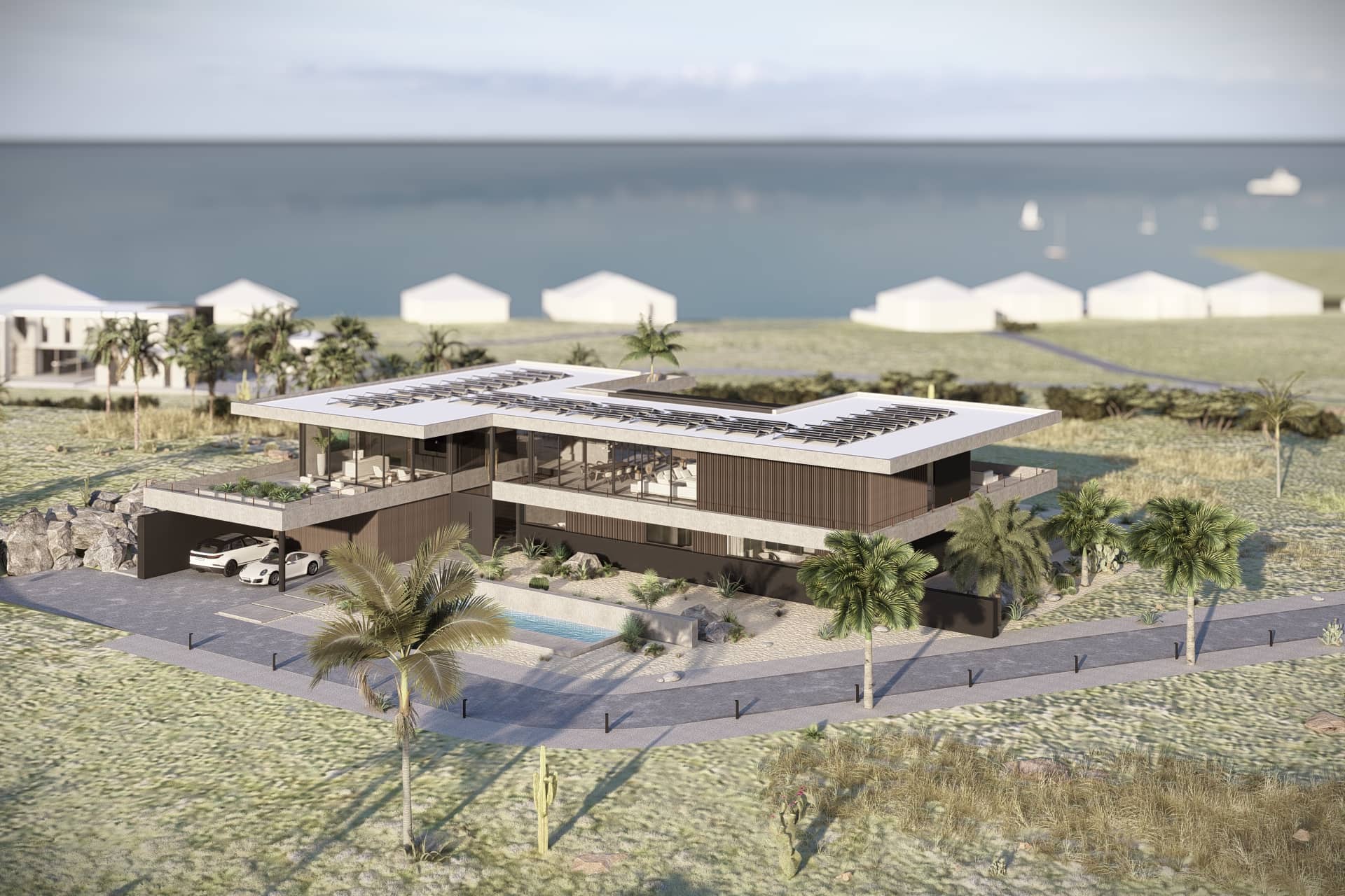 Luxe moderne villa vanuit vogelperspectief met zwembad en tropische tuin.