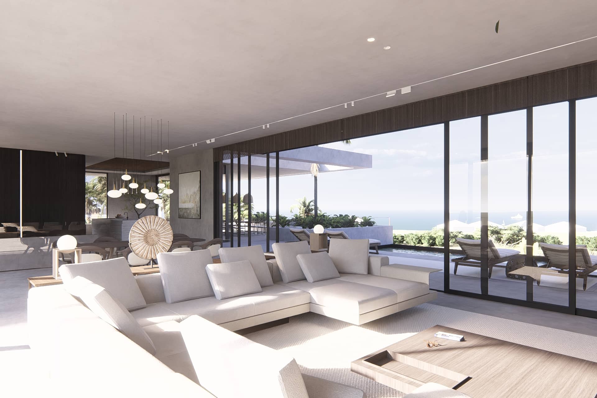 Moderne woonkamer met grote glazen puien en panoramisch uitzicht op zee.