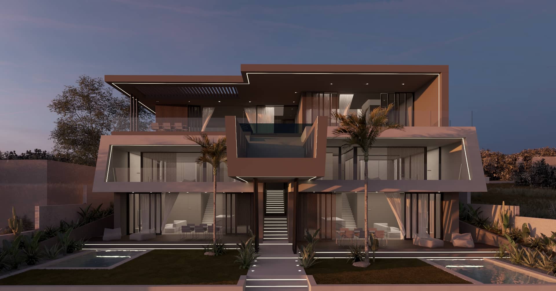 Luxe villa in avondlicht met sfeervolle verlichting