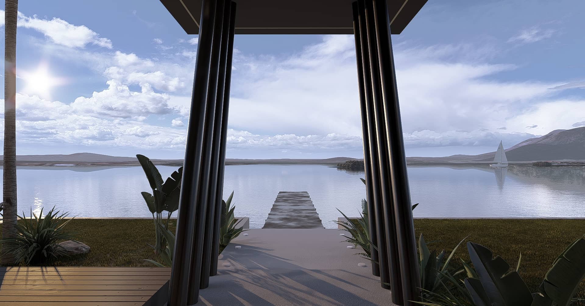 Uitzicht vanuit een waterfront villa op Curaçao richting steiger