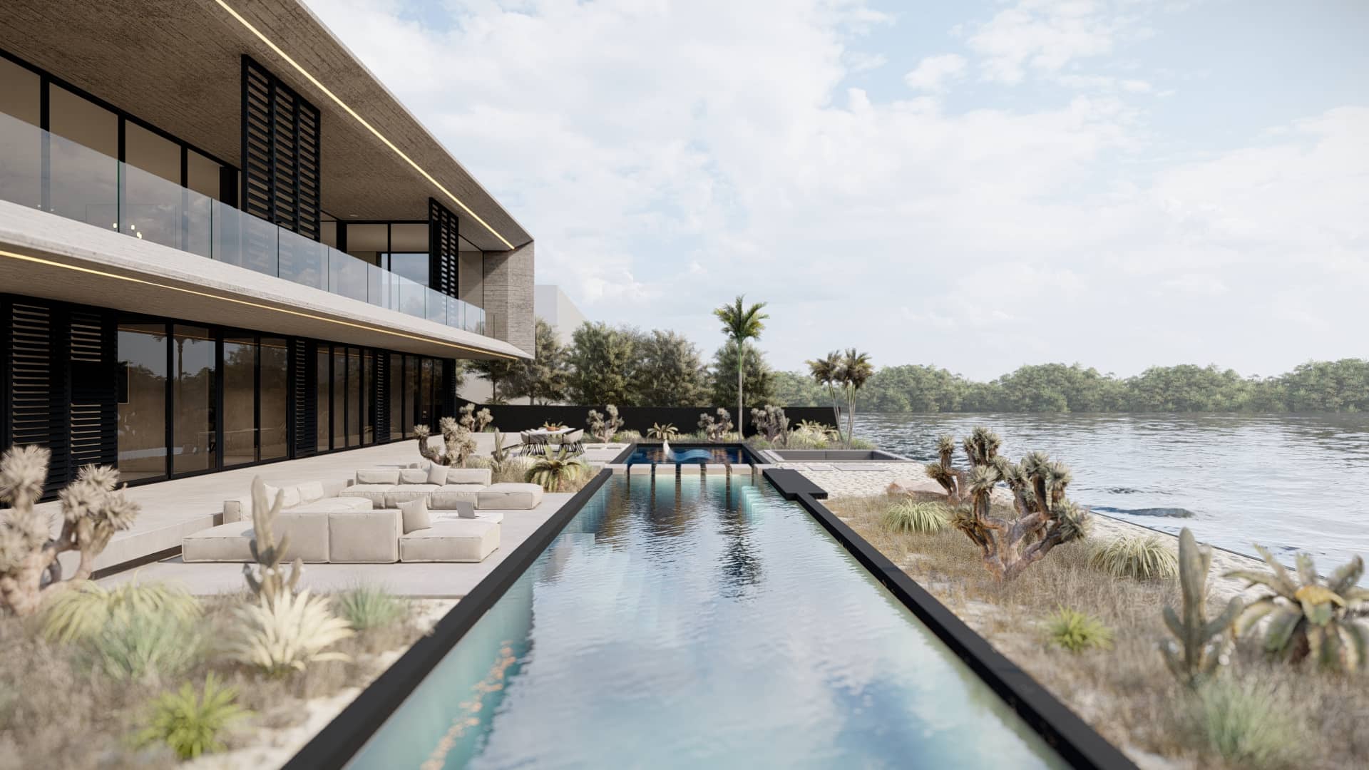 Luxe villa aan het water met zwembad en panoramisch uitzicht.