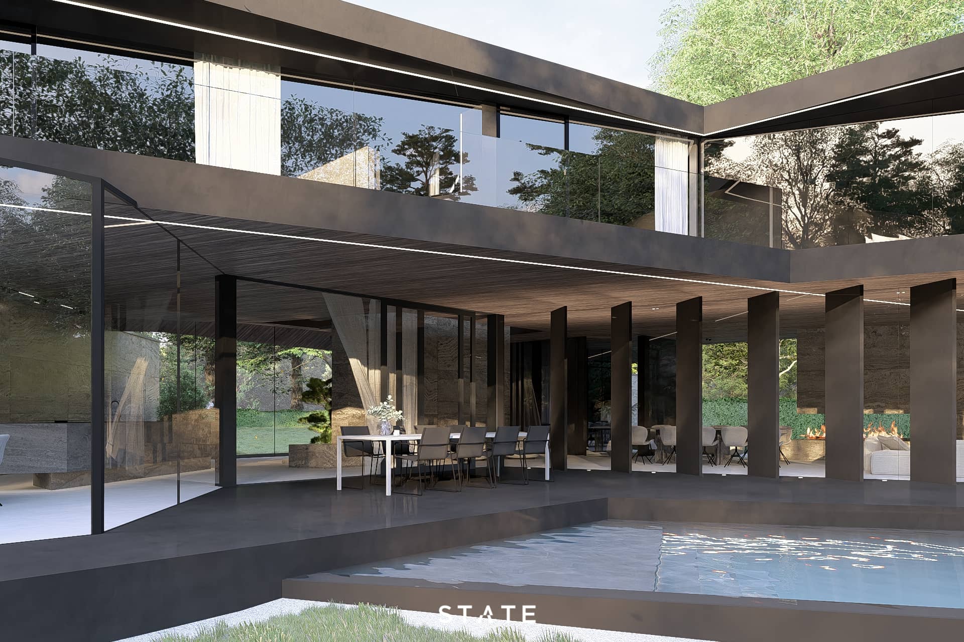 Luxe buitenruimte met zwembad, overdekt terras, slanke kolommen en moderne architectonische detaillering.