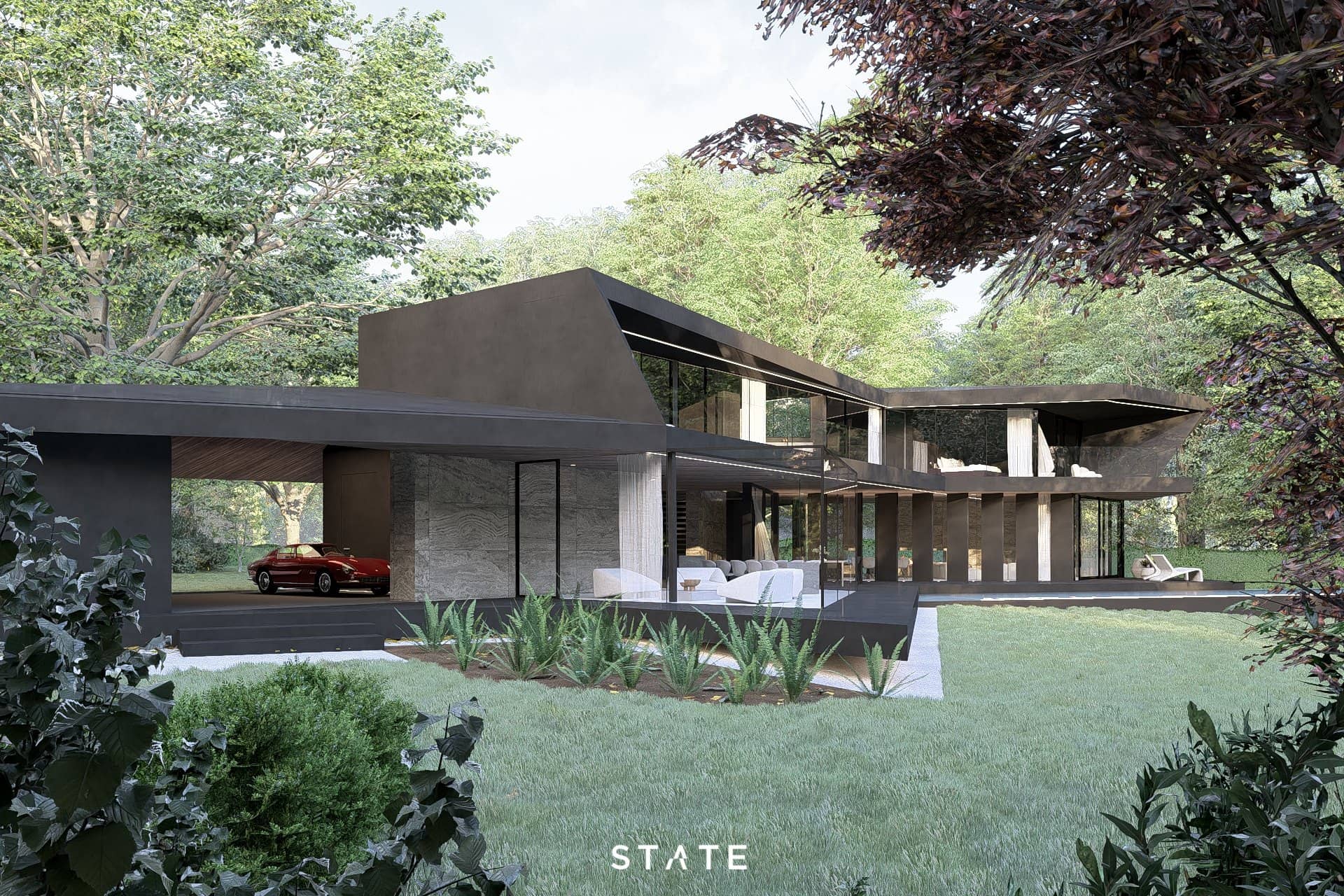 Moderne luxe villa met donkere architectuur, natuursteen gevels, glazen puien en geïntegreerde carport.