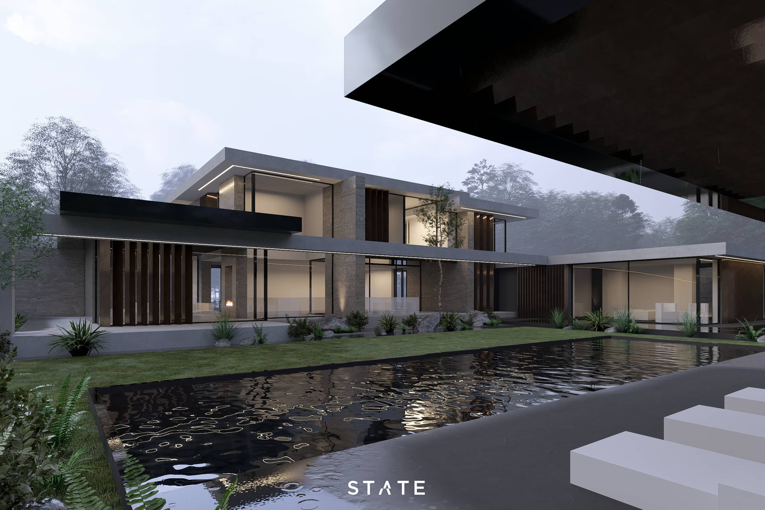 Luxe nieuwbouwvilla met grote glaspartijen, natuursteen en waterpartij in de tuin
