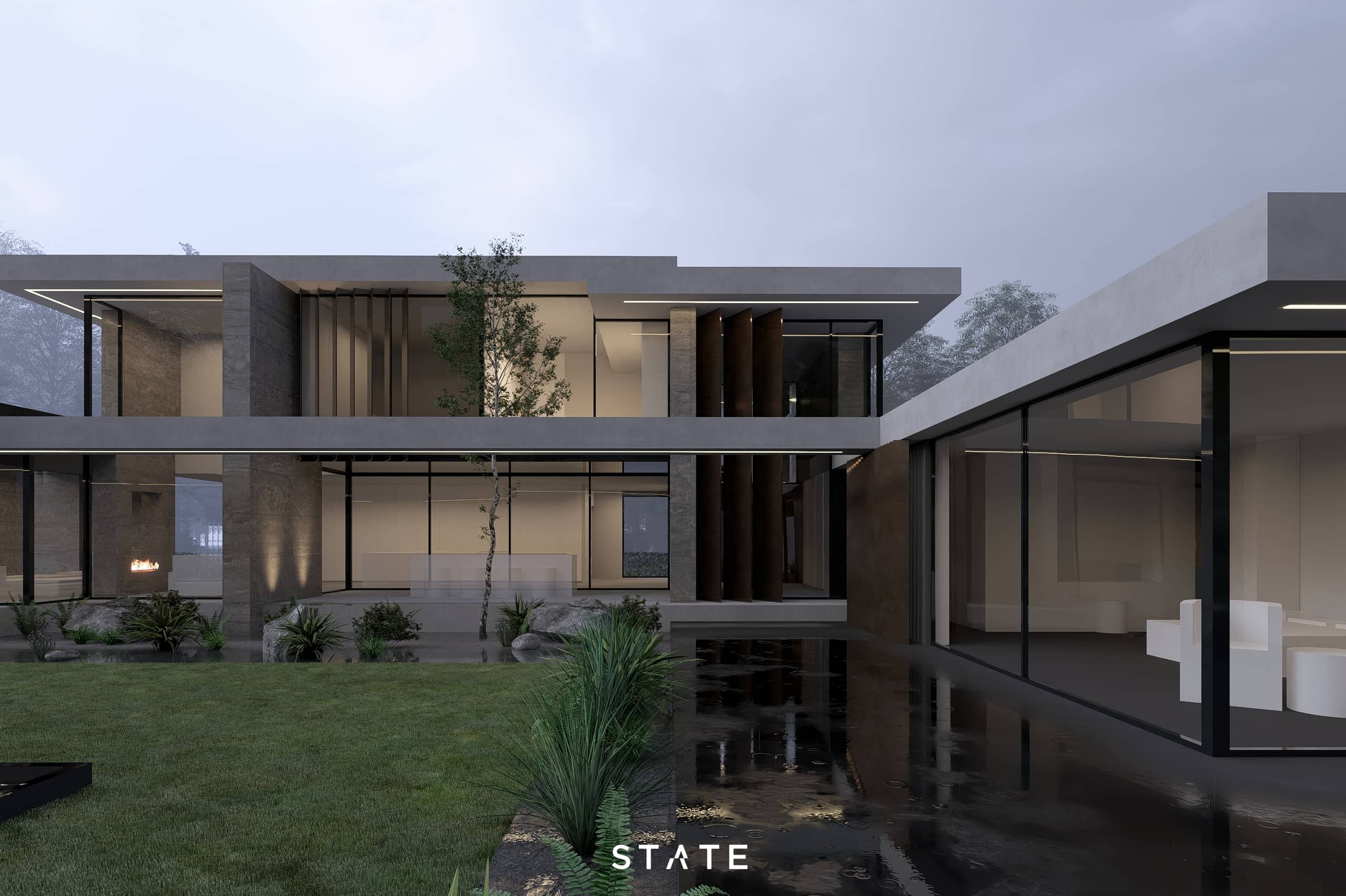 Moderne villa in Groningen met grote glaspartijen, groene patio en water als onderdeel van het architectonisch ontwerp