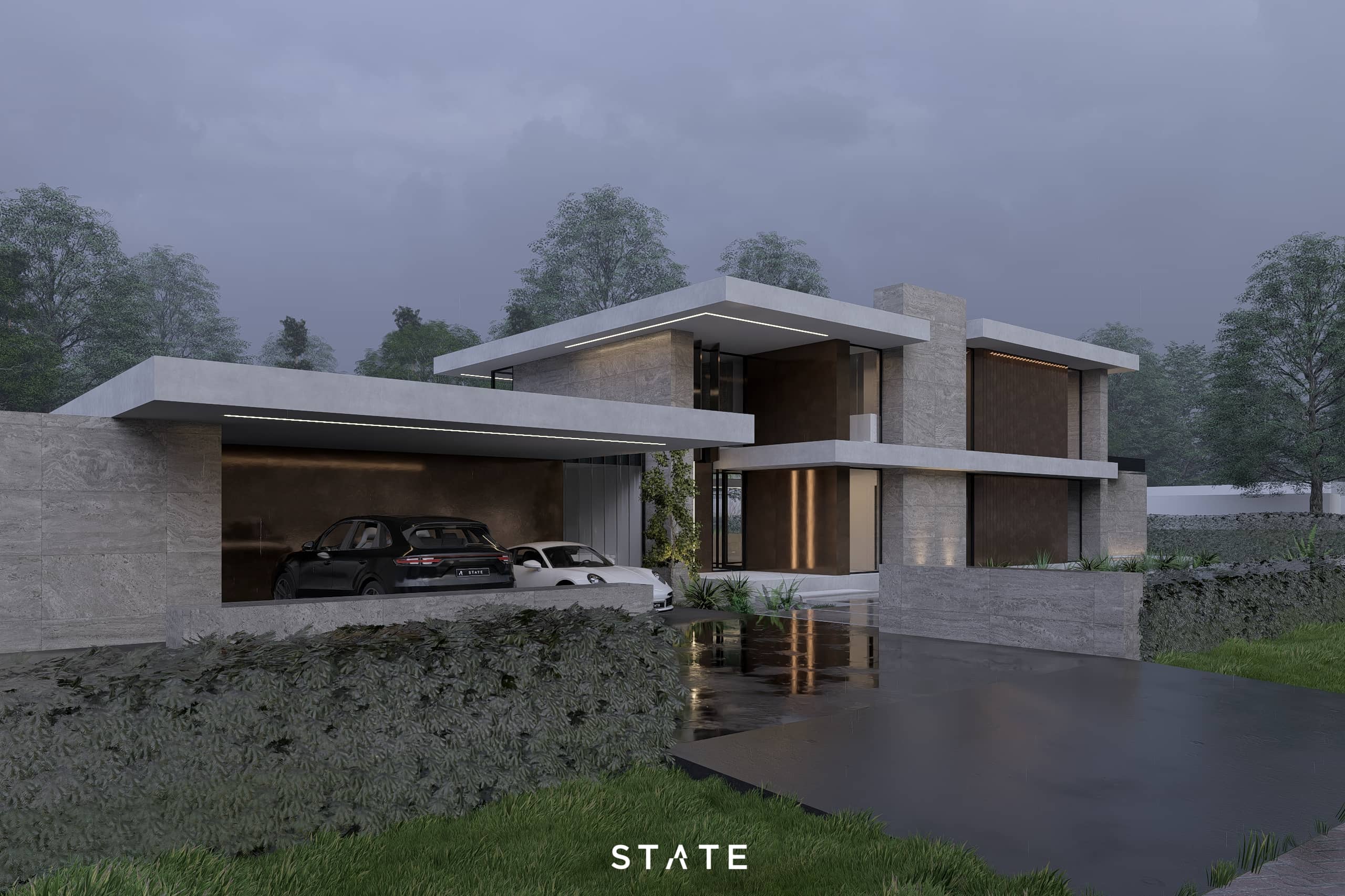 Exclusieve moderne villa in Groningen met horizontale daklijnen, natuursteen en een beschutte entree
