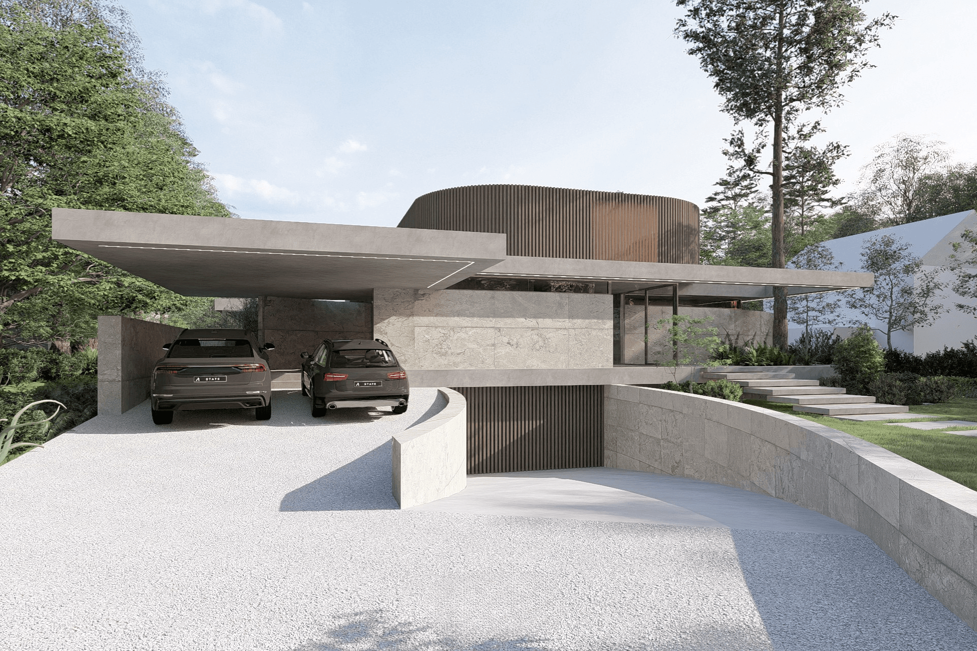 Moderne luxe villa met gebogen oprit naar het souterrain, royale overkapping, natuurstenen gevels en verticale houten lamellen.