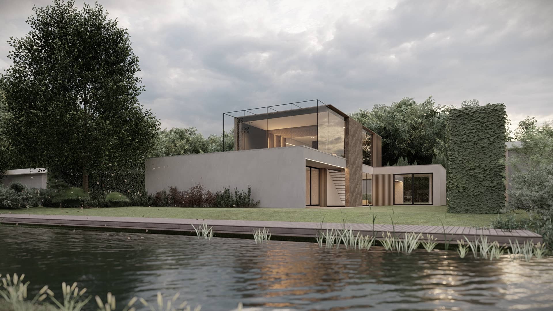 Moderne villa aan het water in Drenthe met transparante bovenverdieping, strakke volumes en directe relatie met het landschap.