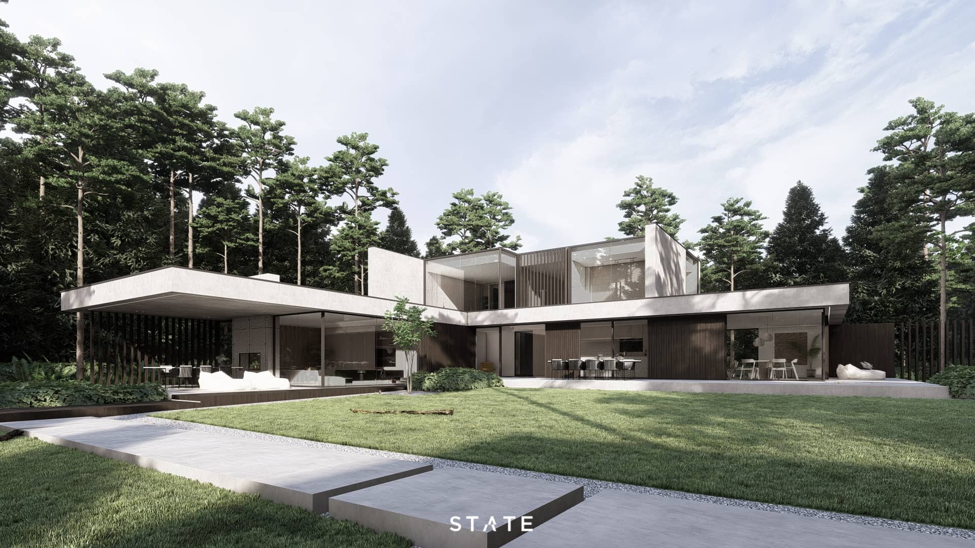 Exclusieve moderne villa tussen bestaande bomen met grote glaspartijen en open verbinding naar de tuin