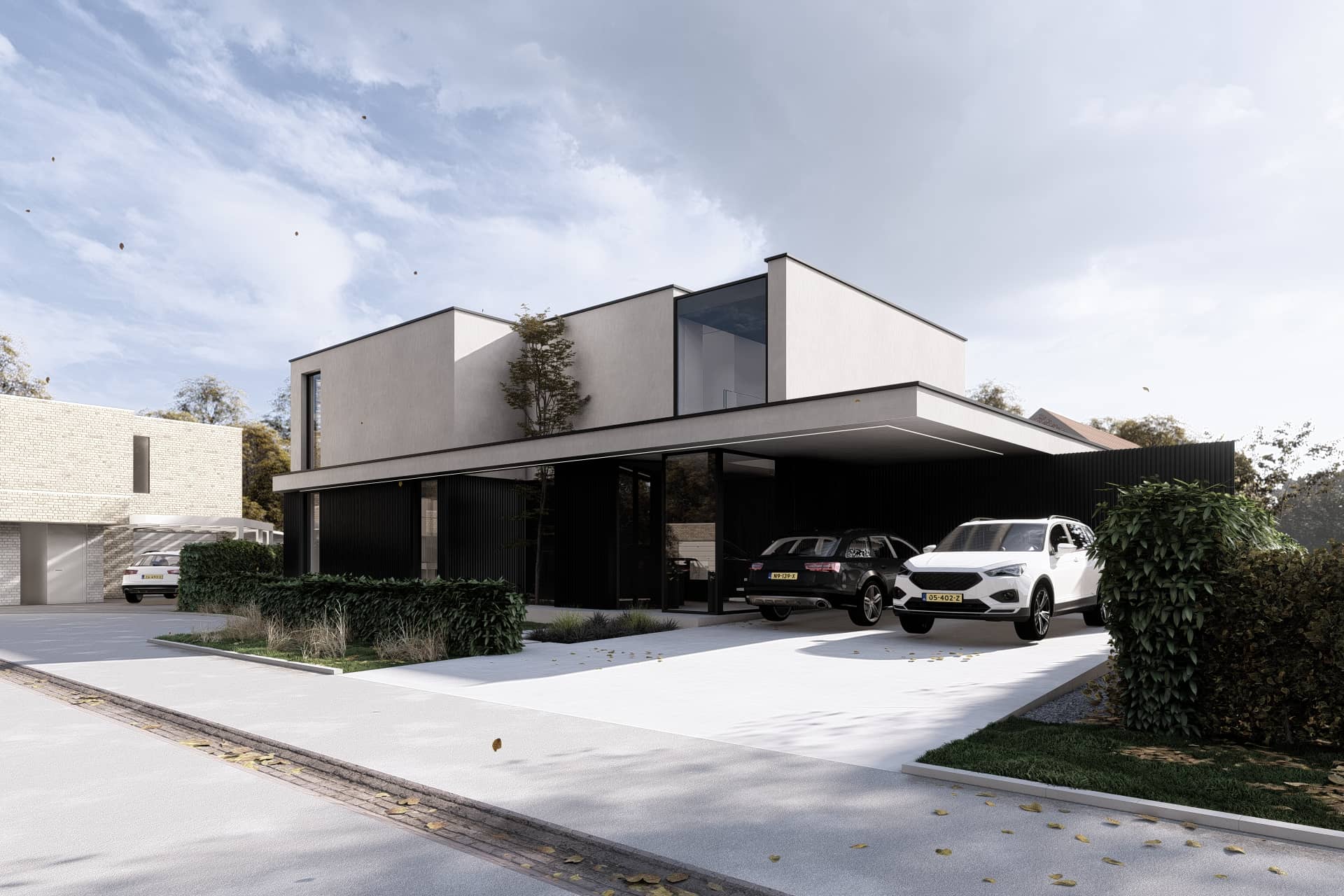 Moderne villa in Overijssel met witte volumes, donkere gevelaccenten, overdekte entree en geïntegreerde carport.