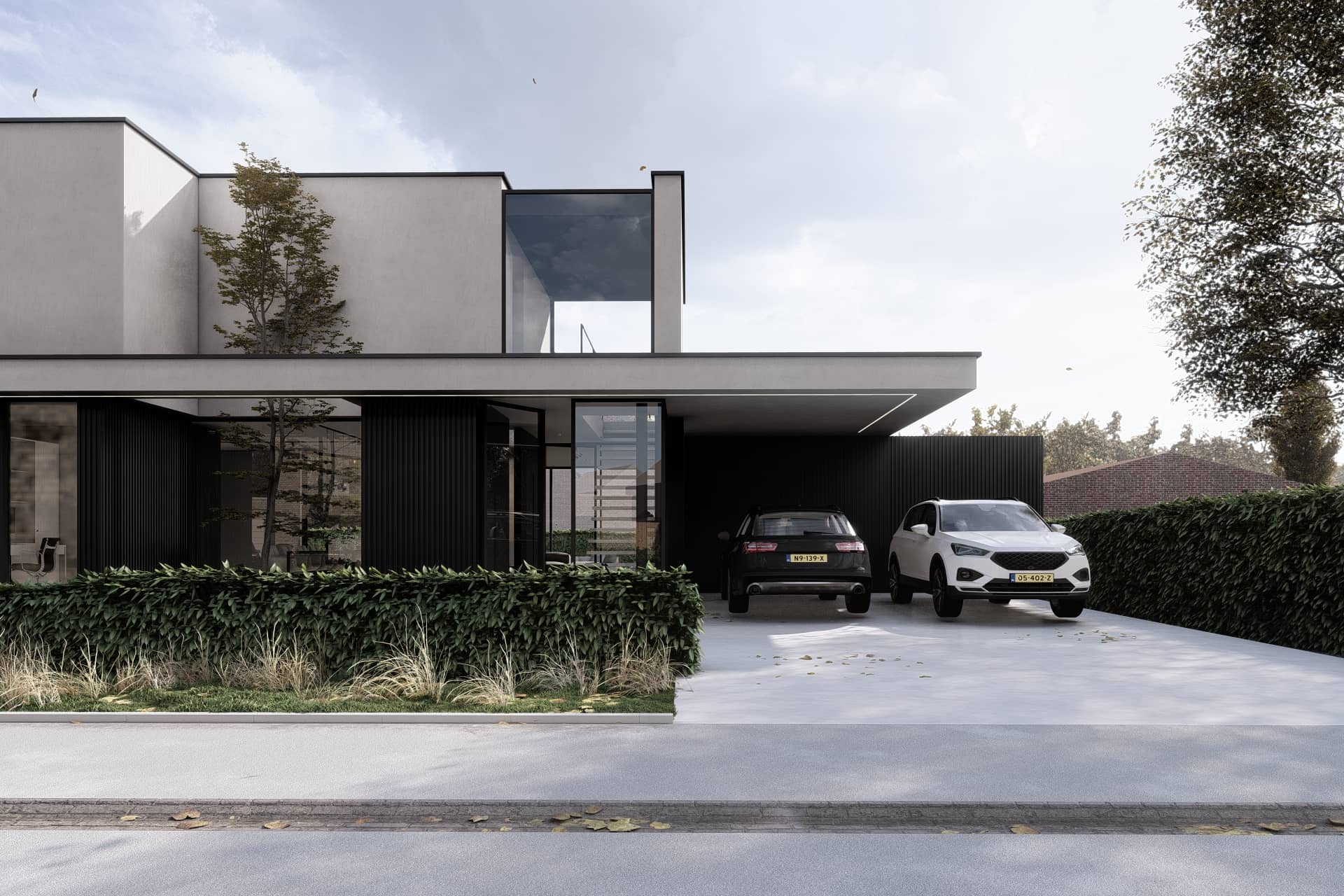 Moderne villa in Gelderland met strakke volumes, grote glaspartijen en geïntegreerde carport
