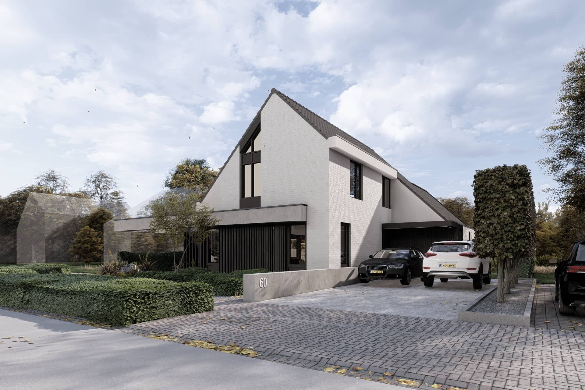 Moderne transformatie van een vrijstaande villa in Drenthe met witte baksteen, zwarte geveldetails en ruime aanbouw.