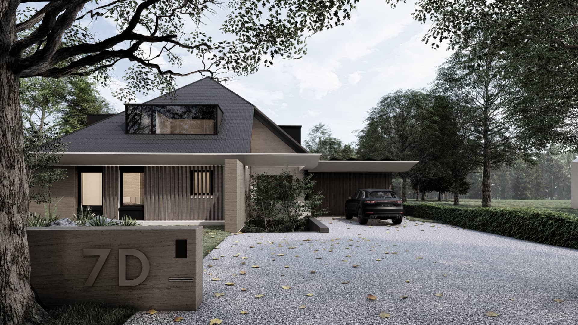 Moderne villa in Groningen met eigentijdse kap, houten geveldetails en geïntegreerde carport op een groene kavel