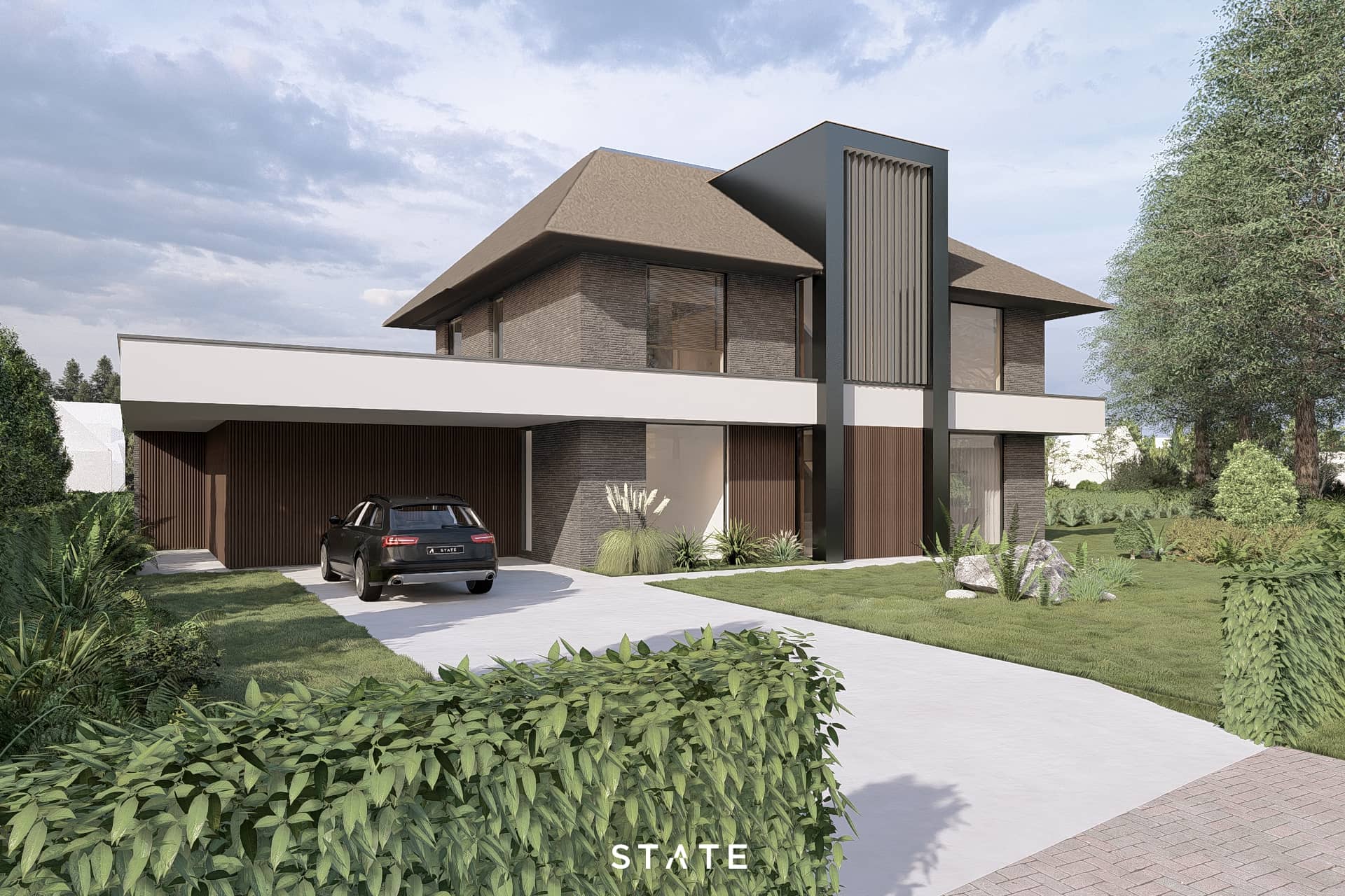 Moderne luxe villa met rieten kap, houten gevelbekleding, grote glaspartijen en strakke architectonische volumes in een groene omgeving.