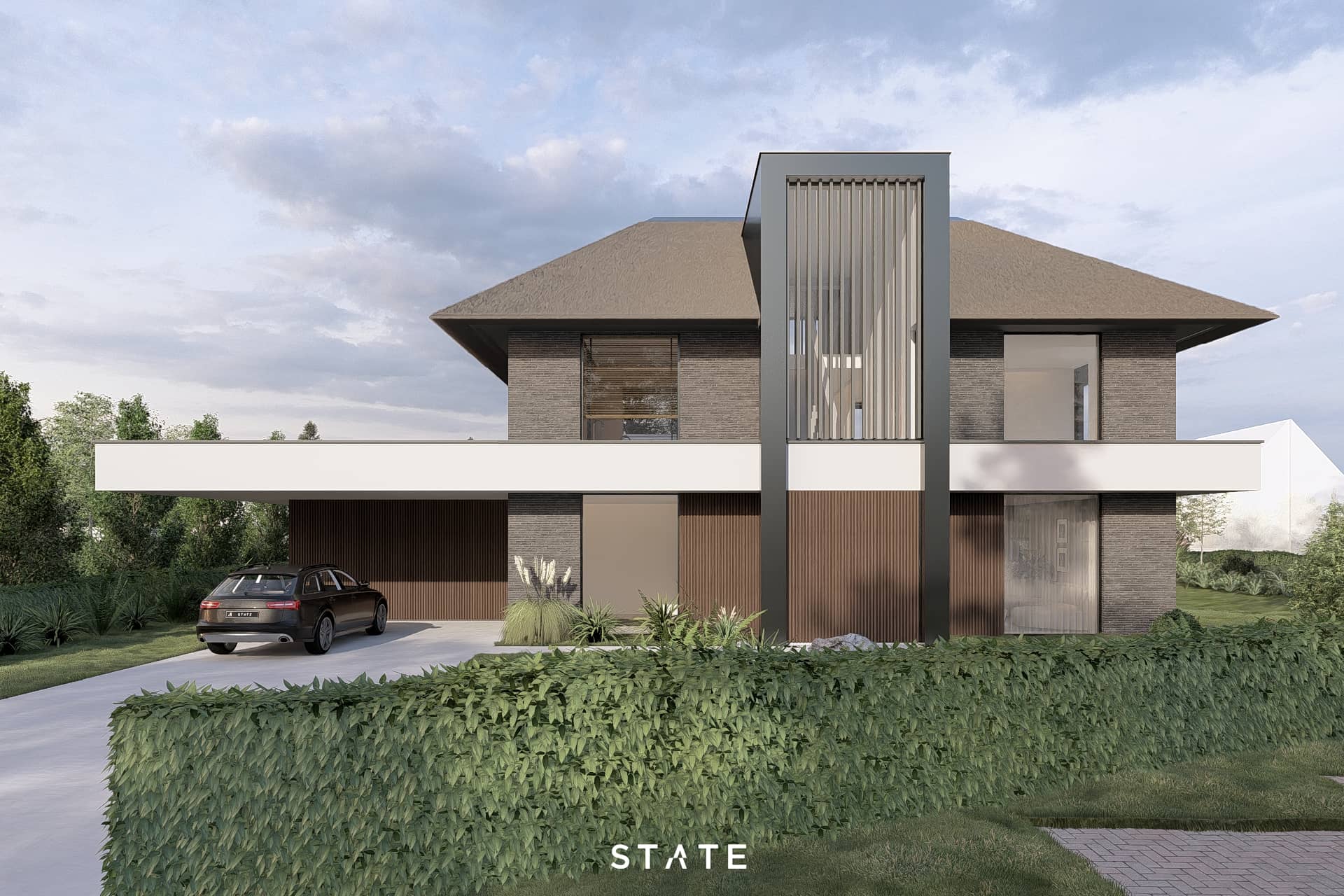 Moderne vrijstaande villa met kap, verticale lamellen, houten gevelbekleding en geïntegreerde carport
