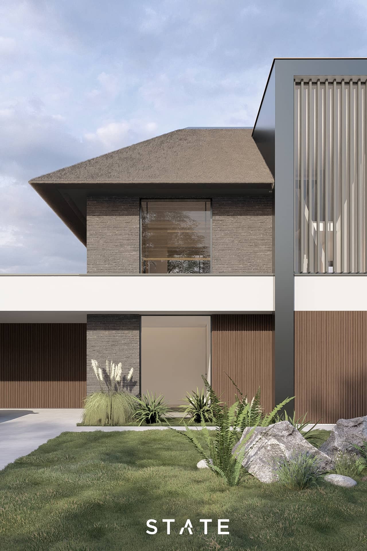 Geveldetail van moderne villa met metselwerk, houten gevelbekleding en verticale lamellen