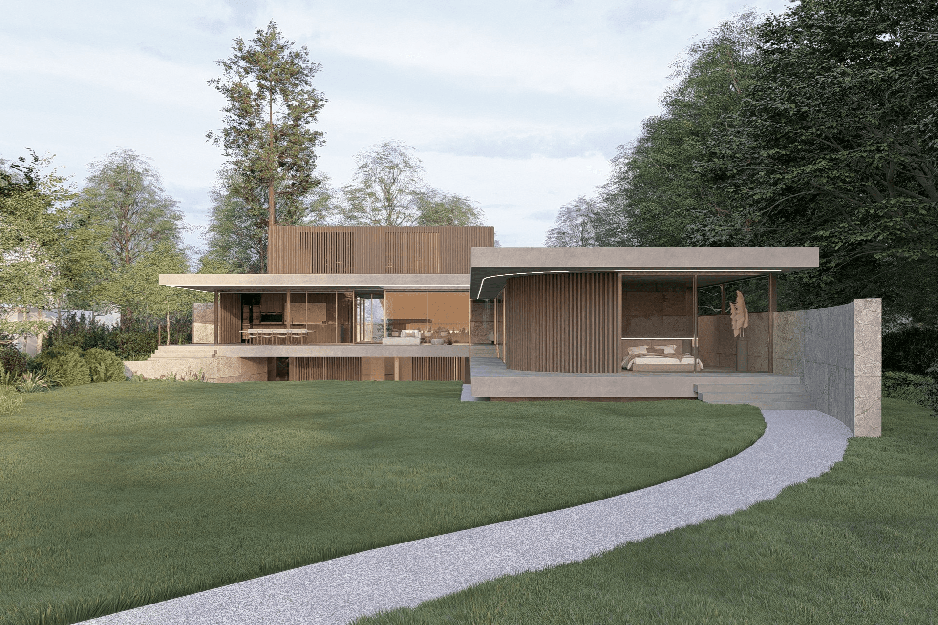 Moderne nieuwbouwvilla met grote glaspartijen, houten geveldetails en meerdere bouwvolumes