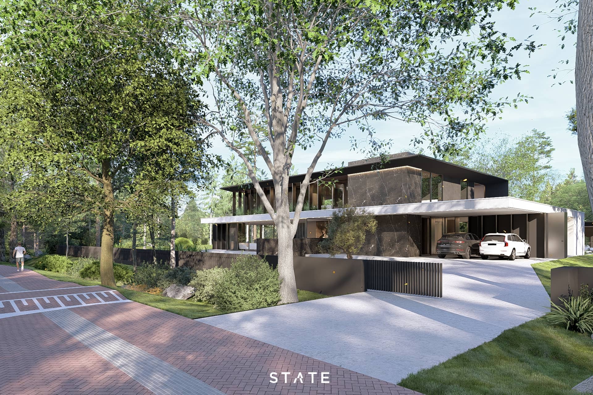 Moderne villa in Groningen met donkere natuursteen, royale overstekken en geïntegreerde carport op een groene kavel