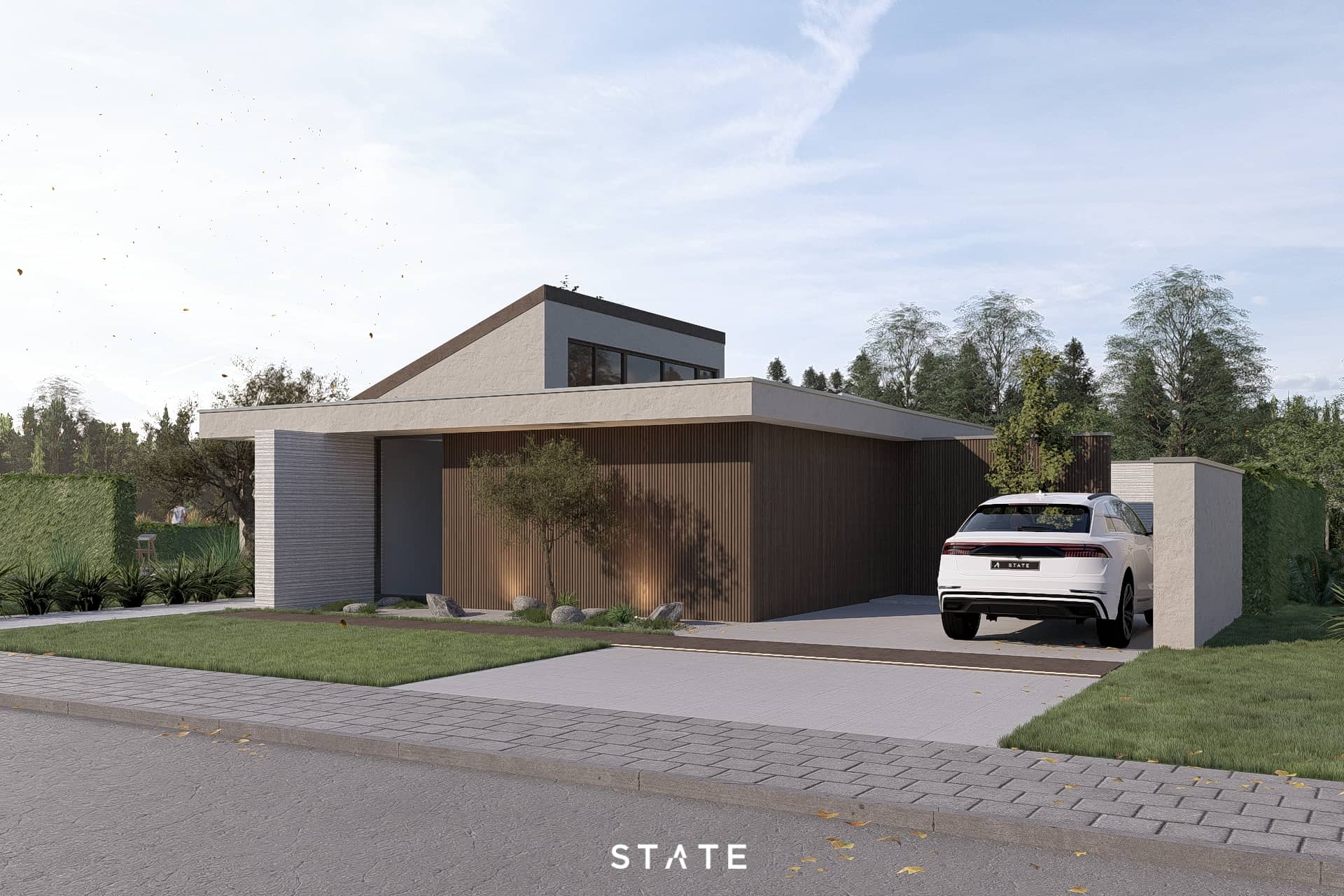 Moderne vrijstaande villa met houten gevelbekleding, strakke volumes en geïntegreerde carport