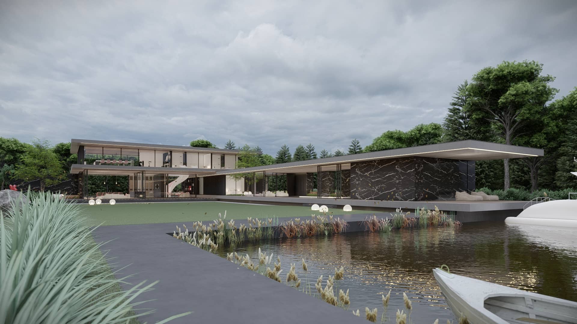 Moderne villa aan het water in Friesland met brede overstekken, grote glaspartijen en een directe overgang naar tuin en waterrand.