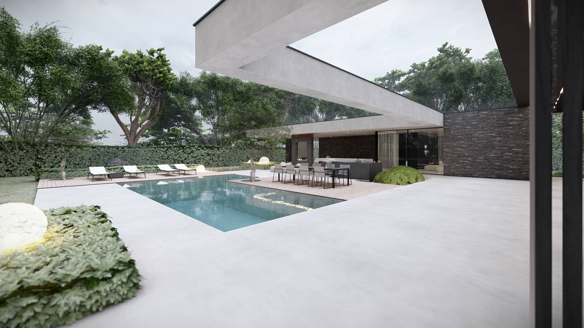 Moderne villa in Friesland met zwembad, overdekt terras en architectuur waarin binnen en buiten naadloos samenkomen.