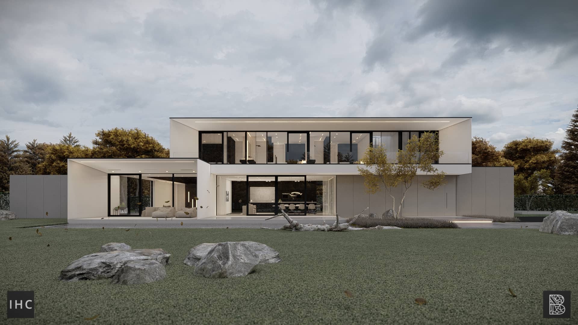 Exclusieve villa in Overijssel met witte architectonische volumes, grote glaspartijen en een open relatie met de tuin.
