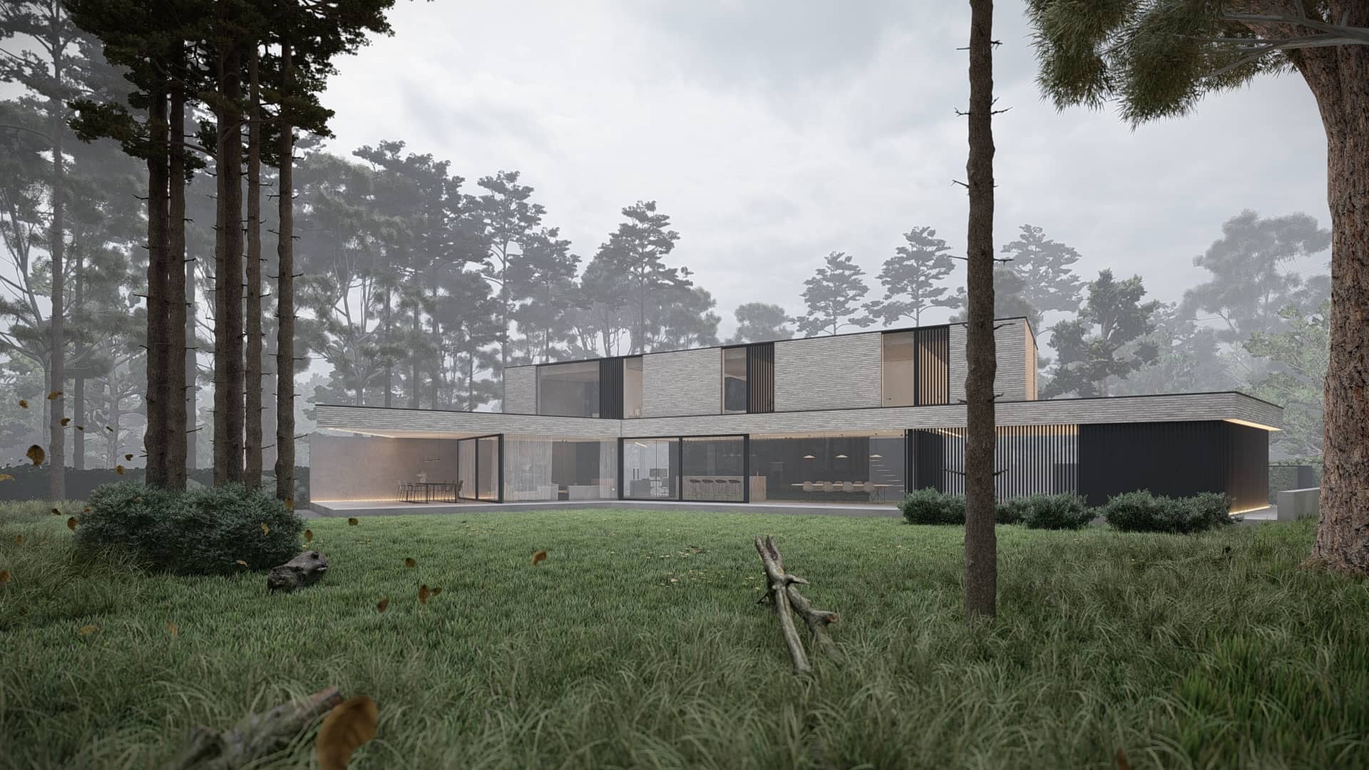 Moderne bosvilla in Friesland zorgvuldig gepositioneerd tussen bestaande bomen met lange zichtlijnen vanuit de woning.