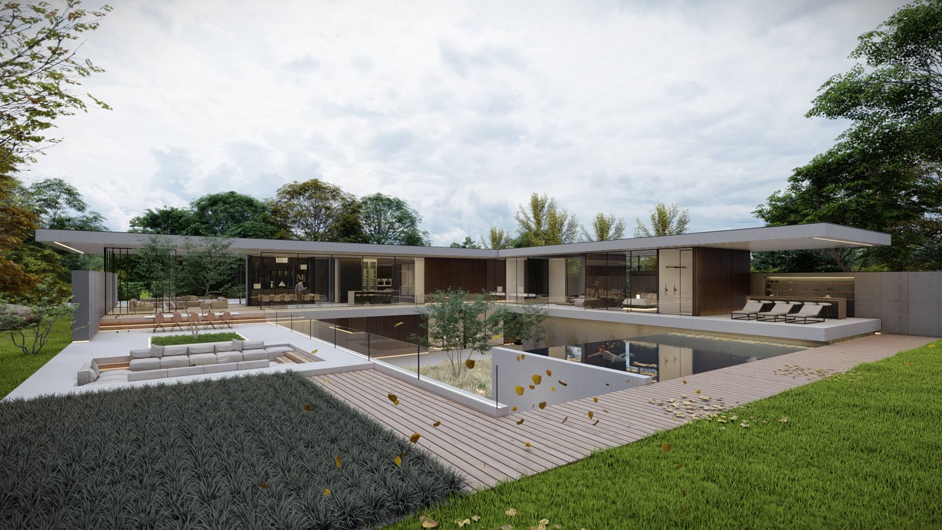 Ruime moderne villa met horizontale daklijnen, open gevels en zwembad als onderdeel van de buitenruimte.