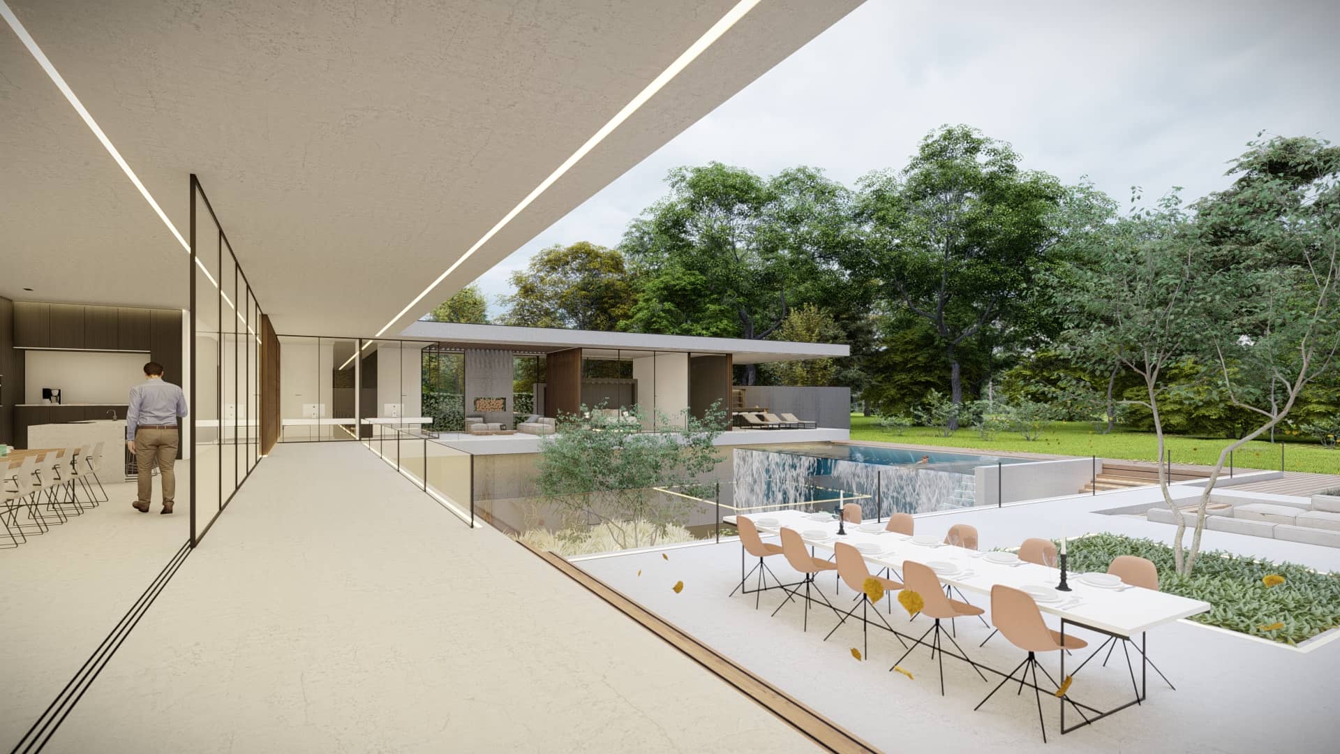 Exclusieve villa in Drenthe met open leefruimtes, zwembad en een sterke verbinding tussen interieur, tuin en landschap.