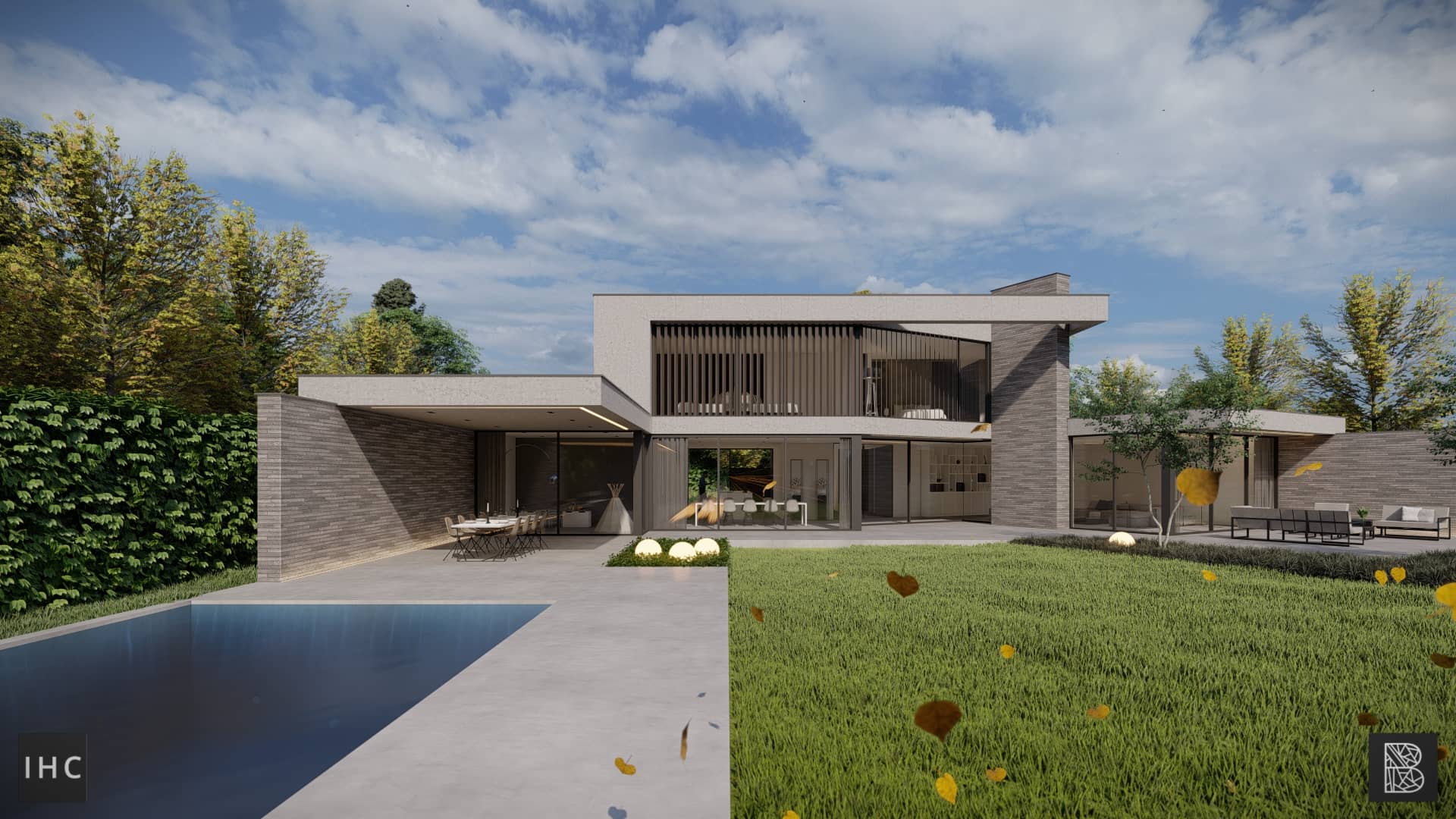 Moderne villa in Zeeland met grote glaspartijen, zwembad en beschutte buitenruimtes rondom de tuin.